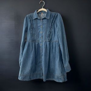 Free People Blue Denim Boho Long Sleeve Ruffle Tunic Dress Size Medium